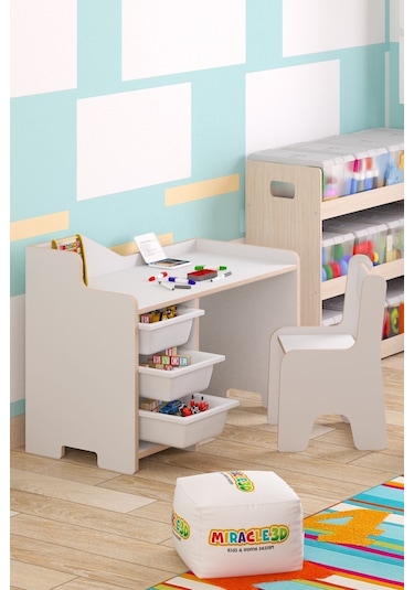 Miracle 3d Çocuk Çalışma Masası 90x45cm 3 Sepetli Çocuk Çalışma Masası Sırt Dayamalı Sandalye Beyaz