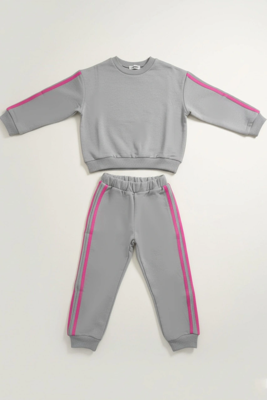 Kız Çocuk Şeritli 3 İplik Gri Alt Üst Takım Gri - Pembe