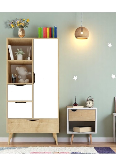 Floradesign Mango Çocuk Odası Takımı 1 Adet Gardırop +1 Adet Komodin Kahve Beyaz