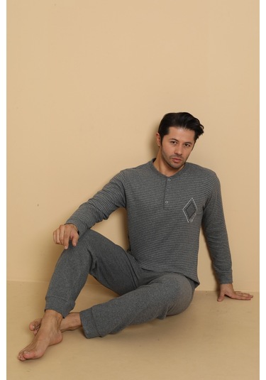 Falkon 7008 İnterlok Kışlık Çizgili Pijamalı Erkek Pijama Takımı Füme