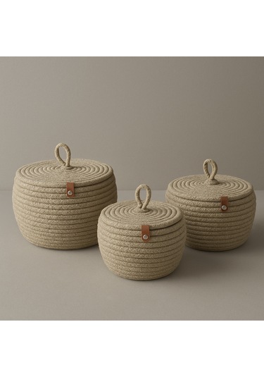 Safari 3'lü Kapaklı Bombeli Hasır Görünümlü Jüt Sepet Taş Kırçıl