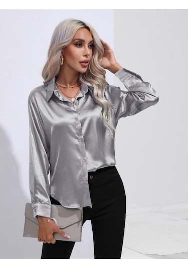 Gümüş İlkbahar Ve Sonbahar Kadın Gömlek Saten Gömlek Mizaç Banliyö Uzun Kollu Üst Gümüş