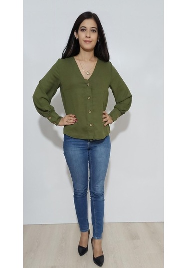 Kadın Gömlek Düğmeli Haki Haki