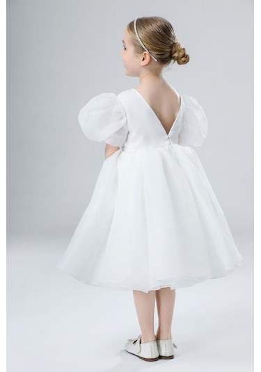 Balon Kollu Organze Tasarım Abiye - Kristal Tüllü Organze