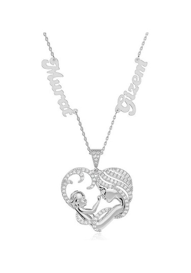İndigo Takı Isimli Kalpli Anne Bebek Gümüş Kolye