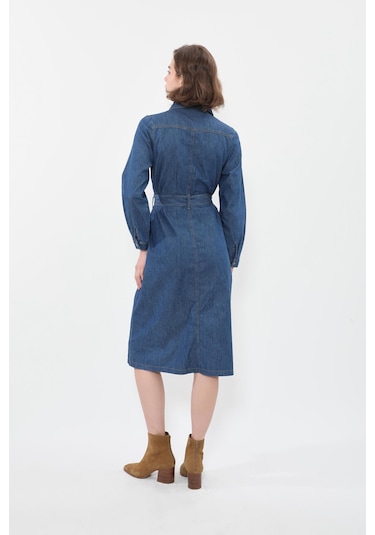 Banny Jeans Kadın Önden Düğmeli Kemerli Jean Elbise Koyu Mavi