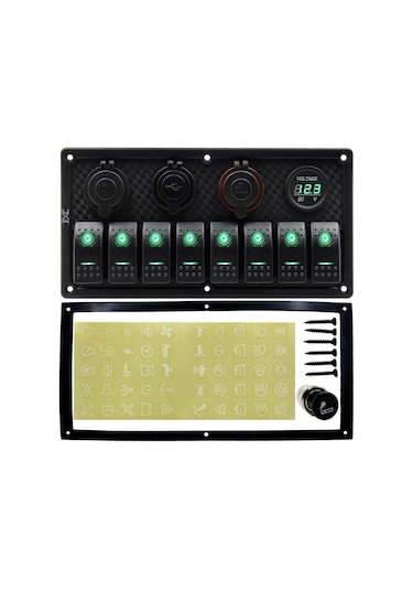 Bfy Switch Panel 8'Li +Usb+Plastik Çakmaklık+ Çakmak+ Voltmetre Yeşil