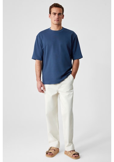 Solo Erkek %100 Organik Pamuklu Kalın Dokulu Comfort Fit Bisiklet Yakalı Navy T-Shirt