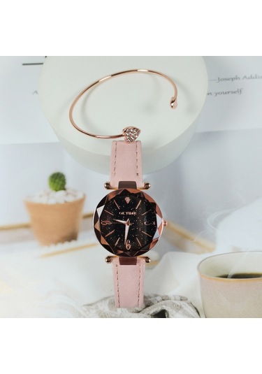 Kadın Saat Seti Bilezik Moda Aydınlık Eller Dişli Hareket Retro Kuvars Kol Saati Pembe Diğer
