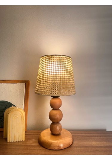 Bohem Ahşap Ayaklı Abajur - Bej Bej