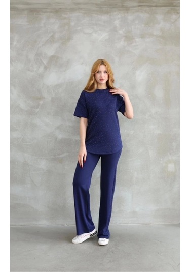 Osy Modal Yumuşak Dokulu Kumaş Bisiklet Yaka Taş Detaylı Kısa Kollu Takım - Lacivert Lacivert