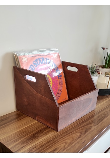 Ahşap Lp Plak Sandığı - Organizer Kutu Kestane Rengi - Wooden Lp Record Box Koyu Kırmızı