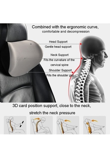 Tongxida Araba Hafızalı Köpük Boyun Yastığı İpek Yastık Araba Koltuğu Servikal Yastık, Bel Pedi Gri