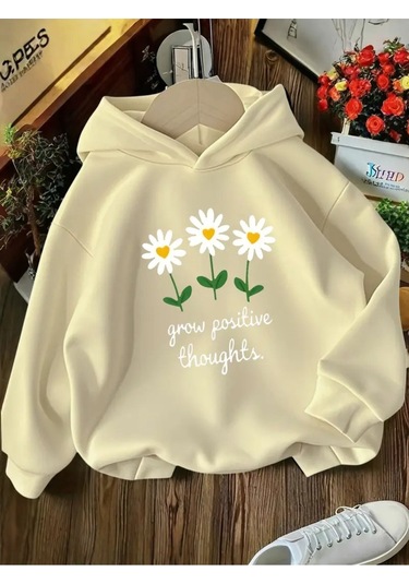 Kışlık Kapüşonlu Sweatshirt, Çocuk Grow Positive Papatya Baskılı Bej