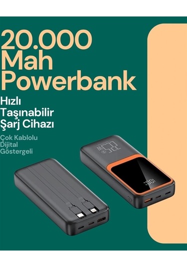 Taşınabilir Şarj Cihazı 20000 Mah 22.5w Hızlı Şarj + Dijital Ekran + Kablo Dahil Çok Renkli