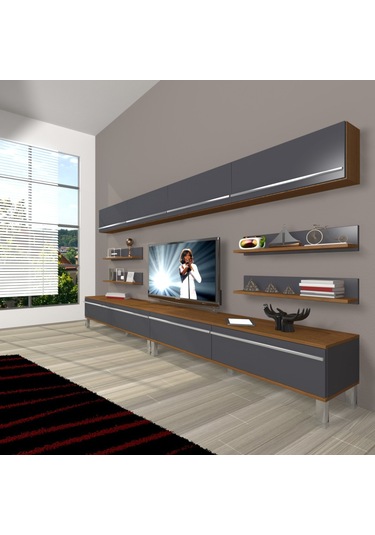 Decoraktiv Eko 360y Mdf Krom Ayaklı Tv Ünitesi Tv Sehpası Ceviz - Siyah