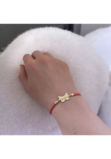 Defne İsmine Özel Kelebek Motifli 14 Ayar Altın Plakalı Turuncu Derili Hediye Bileklik-502isim Defne