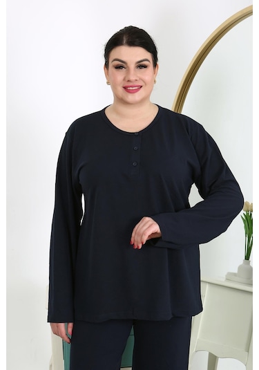 Akbeniz Kadın Büyük Beden Uzun Kol Penye Pijama Takımı Lacivert 202501 Lacivert