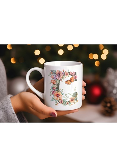 C Harfi Çiçekli Kupa Bardak - Soft Renk Çiçek Ve Kelebek Desenli Zarif Kahve Kupası - Bohem Beyaz