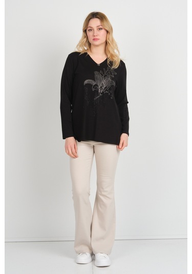 Detay Triko Kadın Önü Taş Süslemeli Yakası Boncuk Detaylı Uzun Kol Anne Bluz 5747 Siyah Siyah