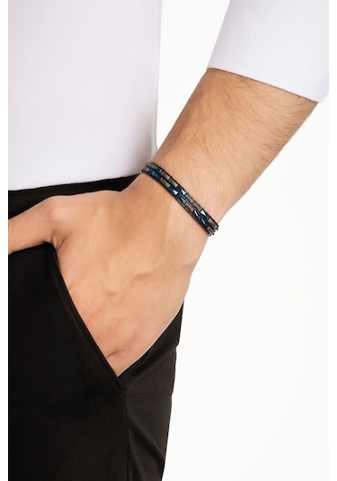 Renkli Hematit Taşlı Ayarlanabilir Çelik Erkek Bileklik Lacivert
