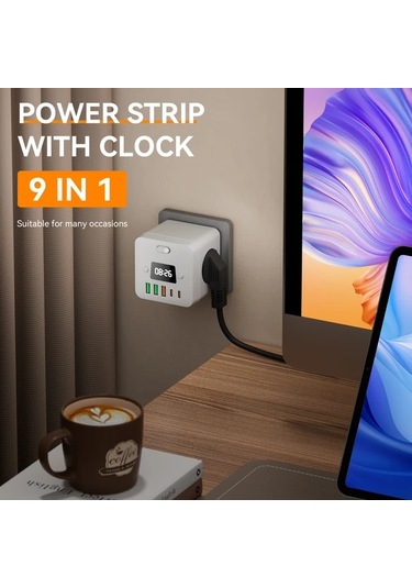 Motion003 9'lu Çoklu Fişli Saat Priz Adaptörü 3 Usb Portu Aşırı Yük Koruması Ev Ofis İ