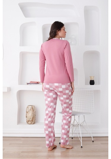 Ekoseli Kadın Pijama Takımı - 3 Düğmeli Uzun Kollu Likralı Penye Cepli Alt Gül Kurusu