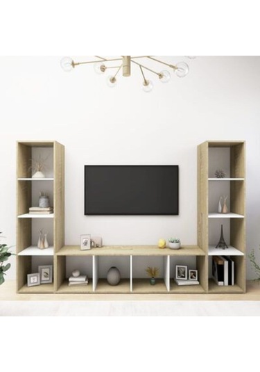Er Kitaplıklı Televizyon Sehpası Ünitesi - Kitaplık-meşe Beyaz 180 Cm 12 Raflı Meşe - Beyaz