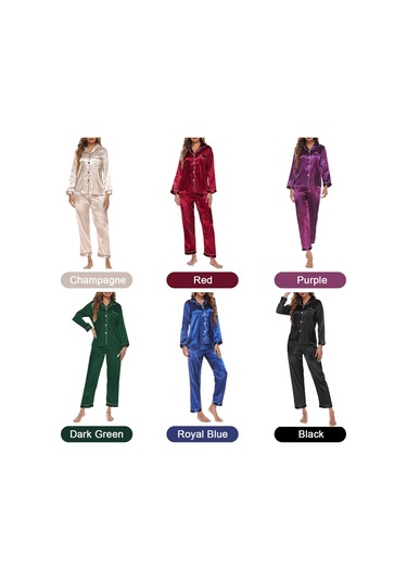 Kadın Pijama Takımı Uzun Kollu Çentikli Yaka Düğmeli Yumuşak Saten Pijama - Koyu Yeşil