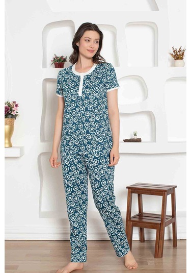 Kadın Çiçek Desen Bisiklet Yaka 3 Düğmeli %100 Pamuk Penye İnce Yazlık Kısa Kol Pijama Takımı Mavi