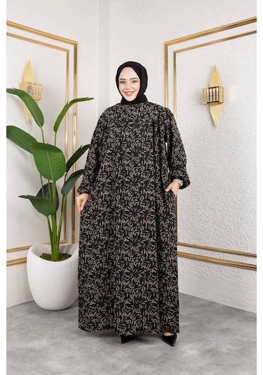 Nevayla Moda Robalı Desenli Viskon Elbise - Bej / E0126 Bej