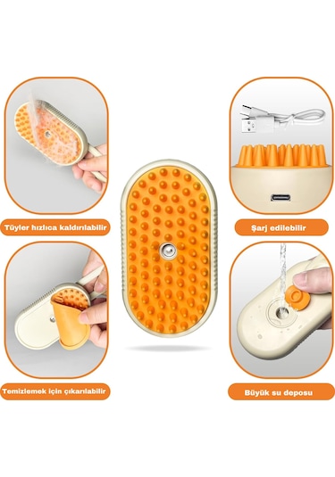 Justie Pet Saplı Buharlı Kedi Tarağı Buharlı Kedi & Köpek Yıkama Fırçası Bej