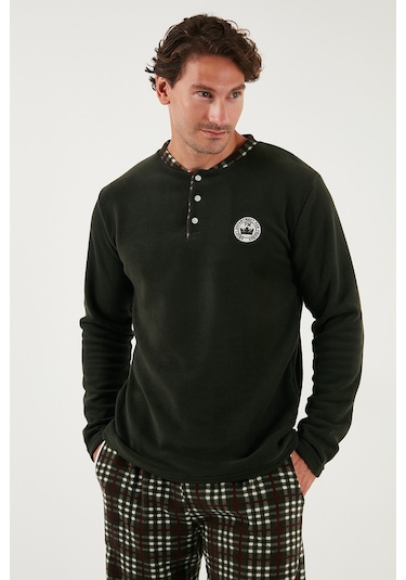 Buratti Regular Fit Bisiklet Yaka Kışlık Yumuşak Dokulu Polar Erkek Pijama Takımı 6096100 Haki