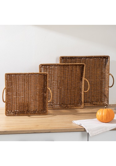 Porsima 709c Kare 3'lü Hasır Tepsi Dekoratif Sunum Servis Tepsisi