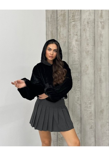 Kadın Crop Boy Yumuşacık Balon Uzun Kol Kapüşonlu Şık Kısa Sweatshirt Siyah