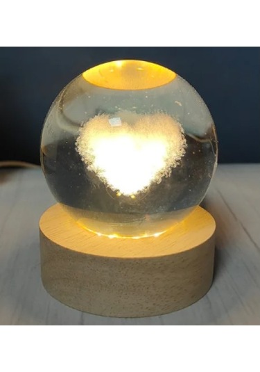 Dekoratif Kalp Tasarımlı Ahşap Altlıklı Işıklı Cam Küre Büyük Boy 8cm 16renk Şarj Edilebilir