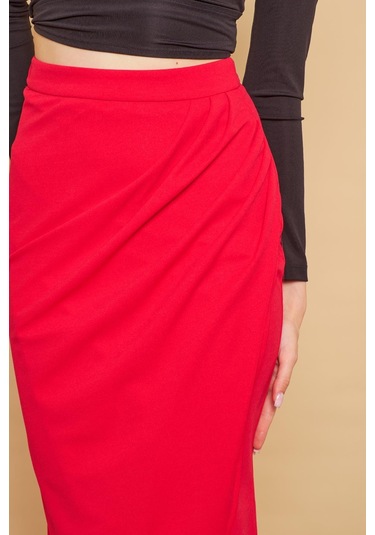 Kruvaze Anvelop Önü Pileli Diz Altı Likralı Kumaş Etek-fujya - Fujya Fuşya