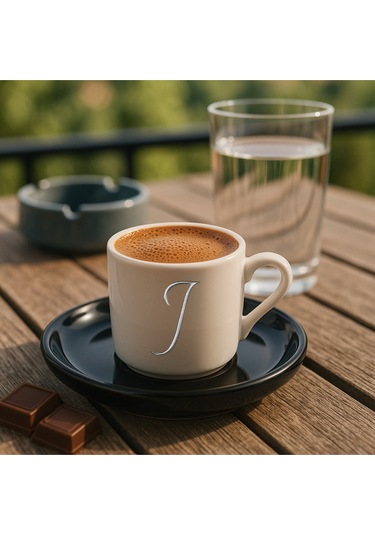Türk Kahvesi Fincanı Siyah Altlık Harf, Espresso Fincanı Siyah Altlık Harf Siyah
