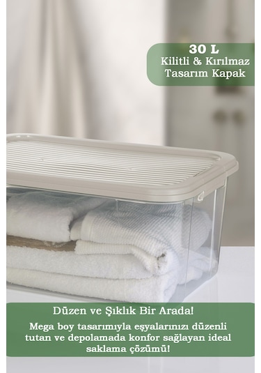 30 Lt Multibox Saklama Kabı - Kilitli Kapaklı Çok Amaçlı Düzenleyici Kiler Depolama Saklama Kutusu Bej