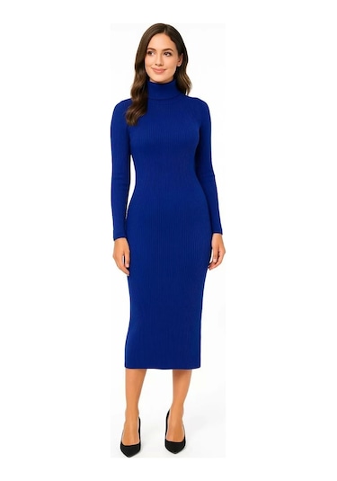 Kadın Boğazlı Uzun Fitilli Triko Dokuma Elbise - Saks Mavisi Saks Mavisi