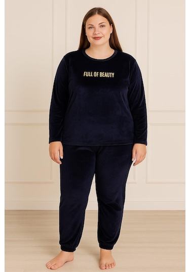 Kadın Büyük Beden 13212 Kadife Pijama Takımı Lacivert Lacivert