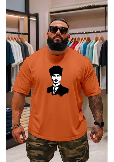 Atatürk Baskılı Oversize Unisex Tişört Turuncu