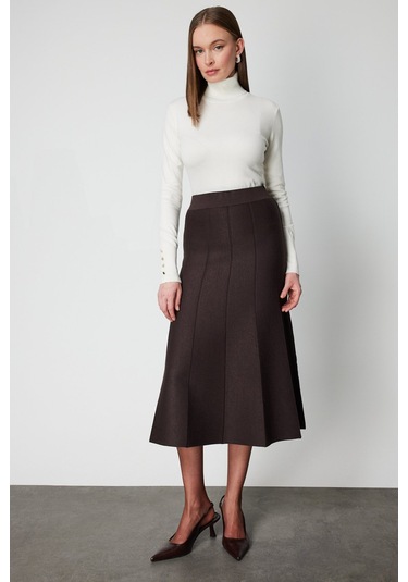 On Kadın Pileli Midi Triko Etek 65210 Kahverengi Kahverengi