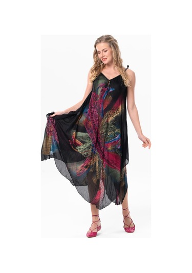 Askılı Vual Afrodit Midi Boy Yazlık Elbise Siyah 6204 - Kadın Siyah