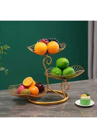 Maxaccess 3 Katlı Zarif Demir Meyve Sepeti Altlığı, Çok Katlı Dekoratif Sunum Tepsisi Altın Altın