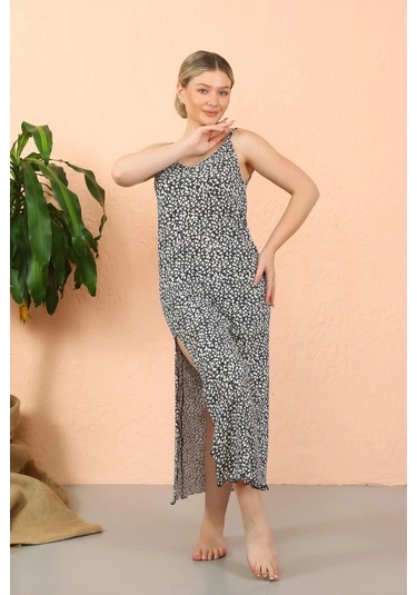 Giyim Kadın İp Askılı Yırtmaçlı Uzun Lacivert Gecelik Lacivert