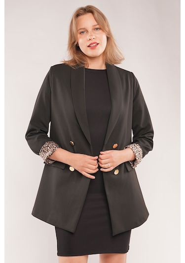 Gabria Kolları Leopar Desenli Kadın Ceket Siyah