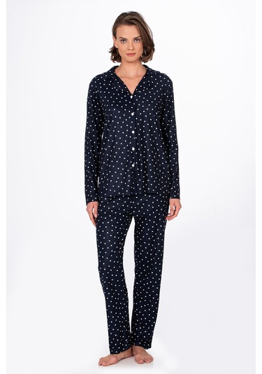 Kadın Süet Önden Düğmeli Pijama Takımı Kalpli Lacivert Kalp Lacivert