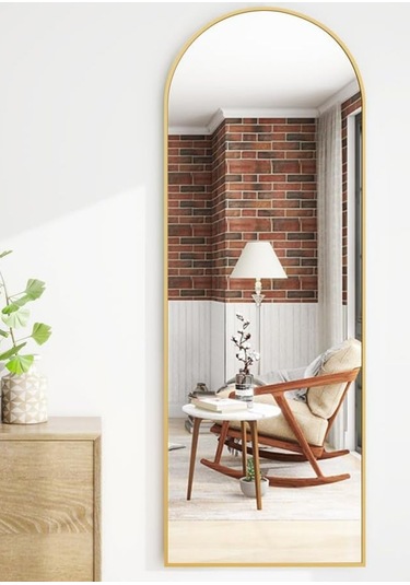 Zer 160x55 Kemerli Zemin Aynası,tam Boy Aynalı Duvar Aynası, Yatak Odası, Giyinme Odası İçin Standlı Gold