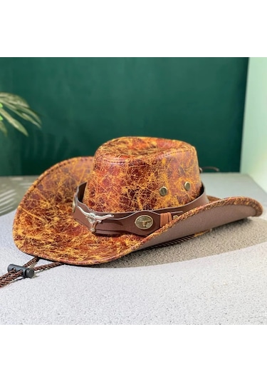 Linchen Suni Deri Kovboy Şapkası Kadın Erkek Vintage Panama Şapka Batı Stili Green Xs